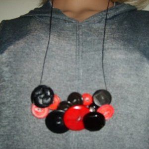 Necklace Vintage Buttons Red/Black Handmade One Of A Kind BOHO